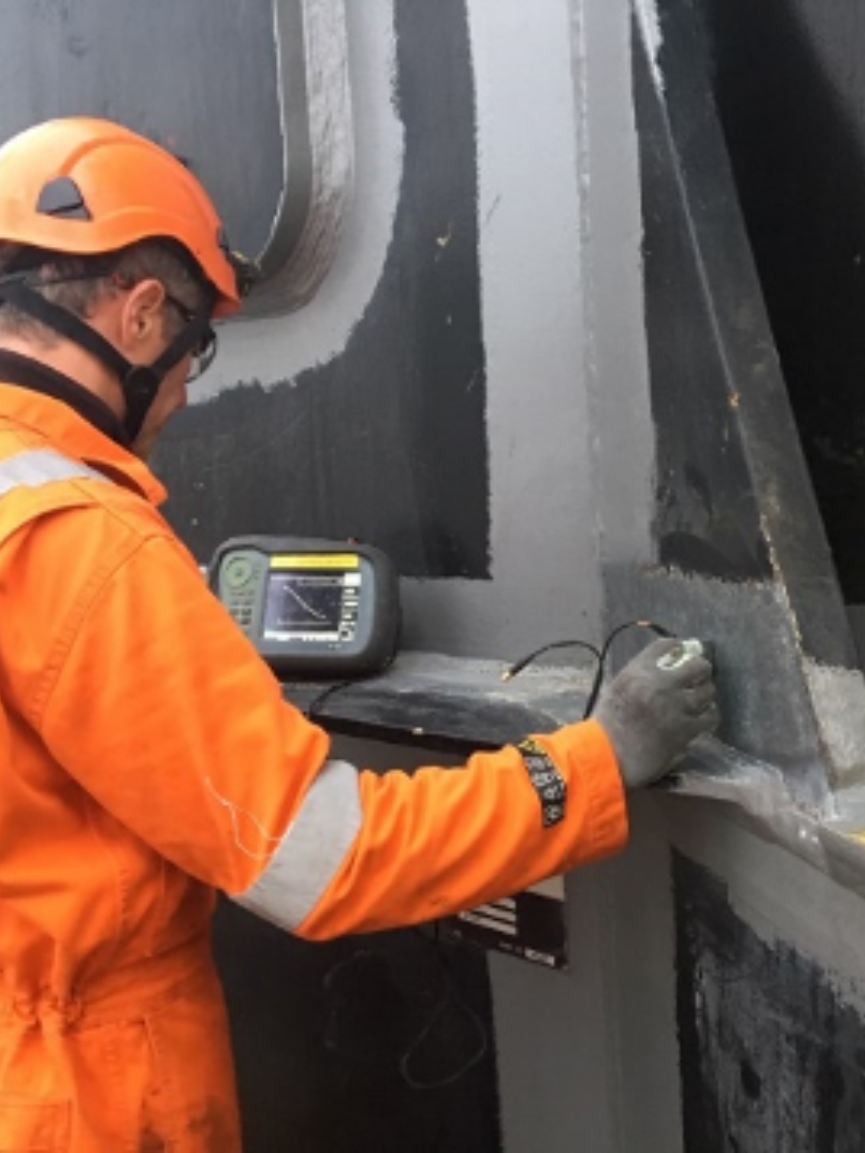 Main crane A-frame and leg inspections on windfarm installation vessel